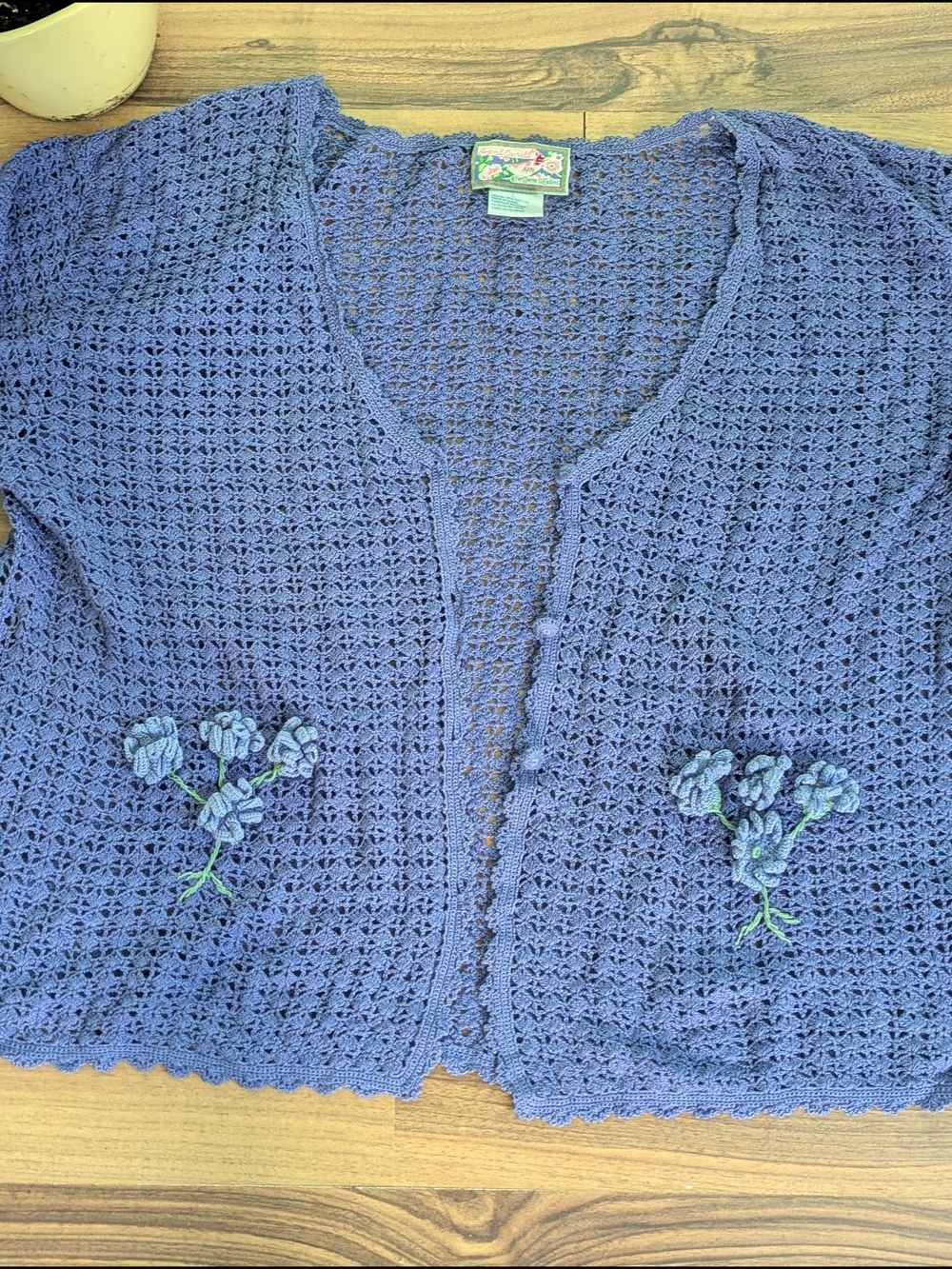 April Cornell Cardigan Sweater Vtg Size L Crochet Cotton Purple Flower Granny - Picture 2 of 6